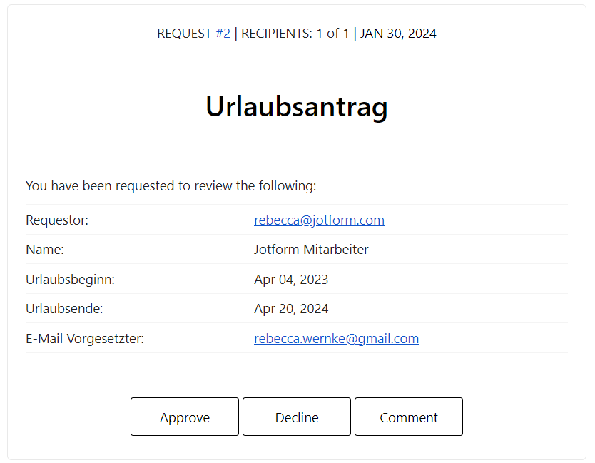 Ein Screenshot der Benachrichtigungs-E-Mail, die Manager erhalten, wenn ein Mitarbeiter das Formular für den Urlaubsantrag in Google Formulare ausfüllt