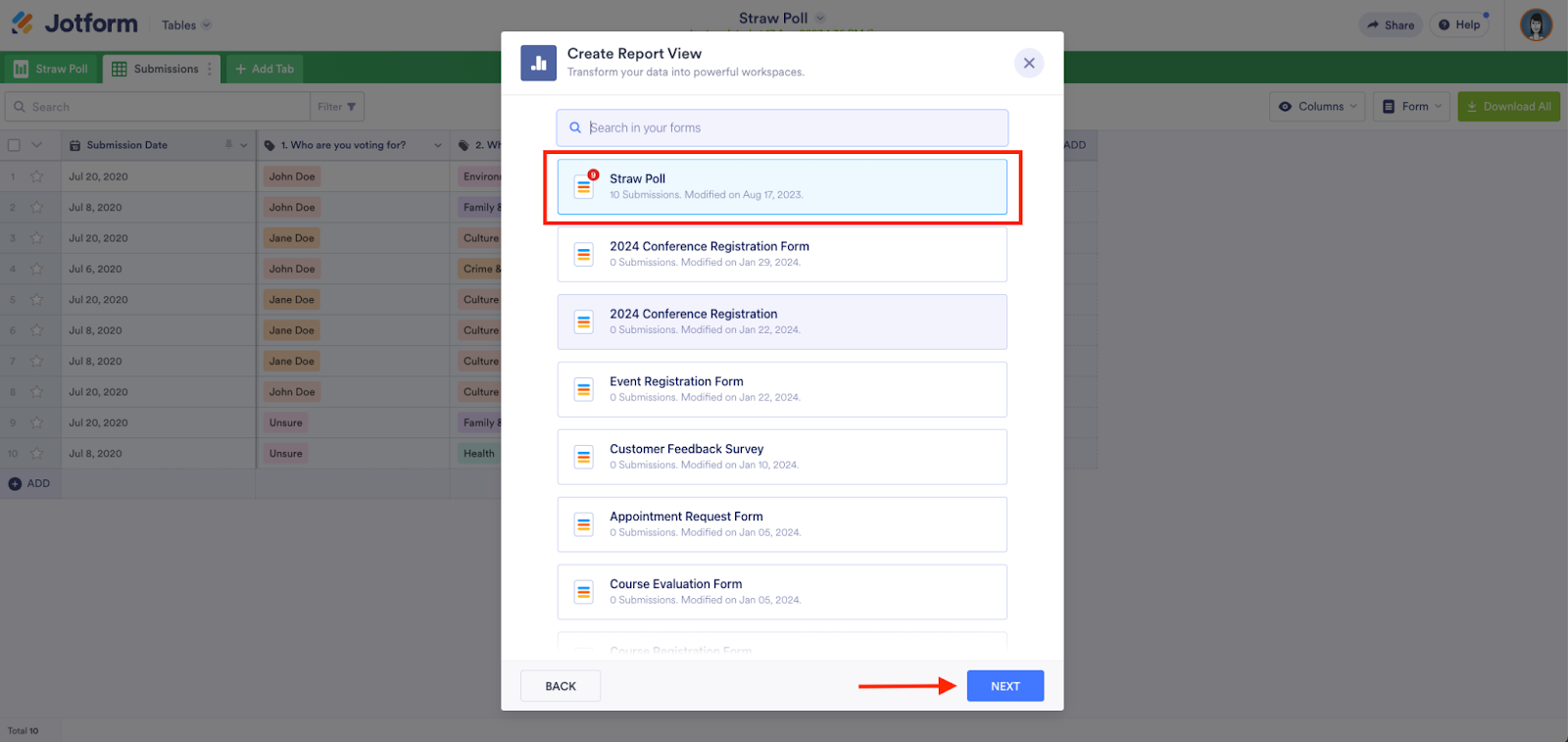 Choosing Straw Poll from the Forms and Clicking on Next in the Create Report View Window