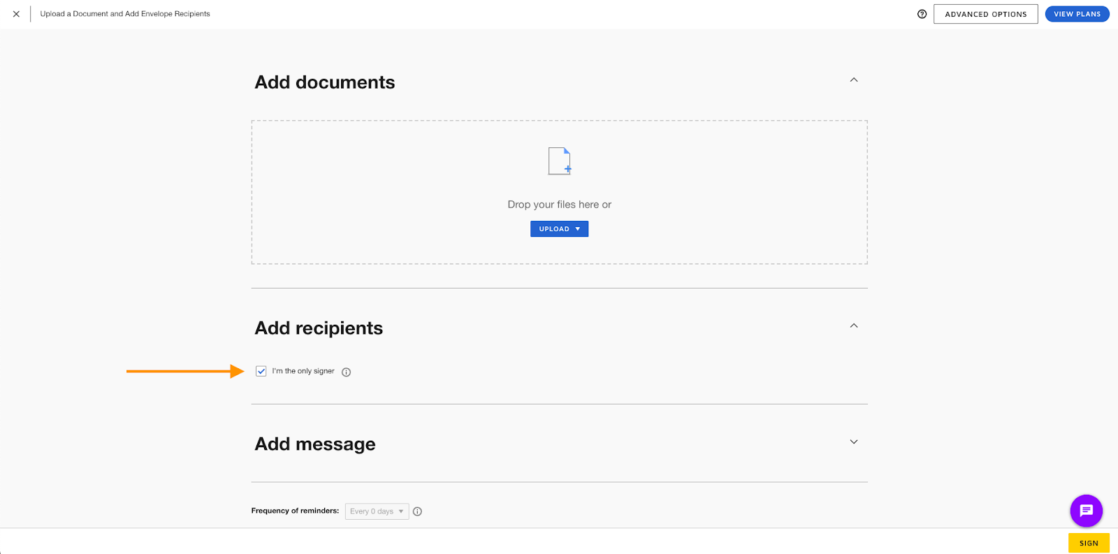Digital document signing platform interface showing options to add documents, designate recipients, and include a message