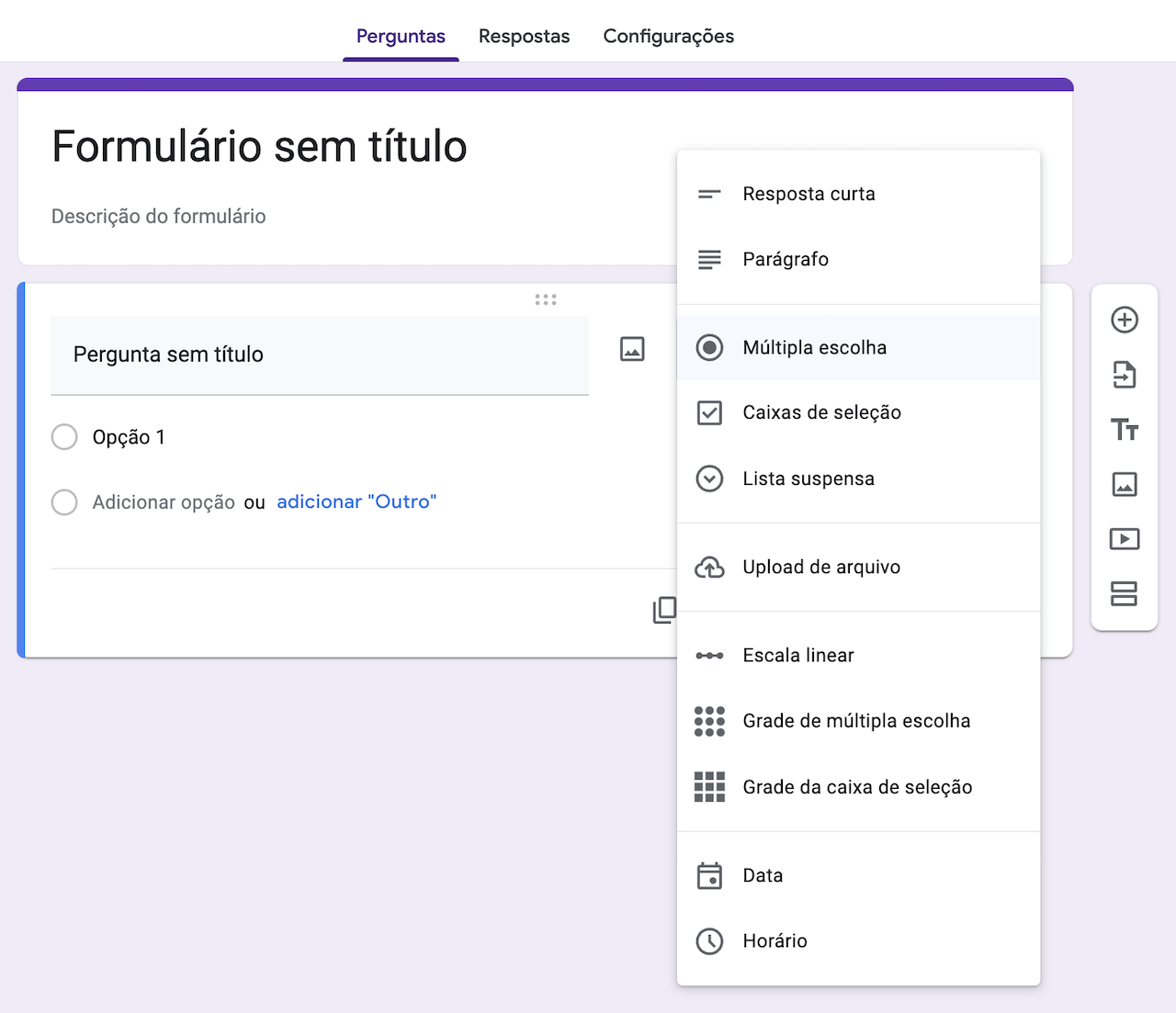 Imagem da adição de campos de perguntas no google forms