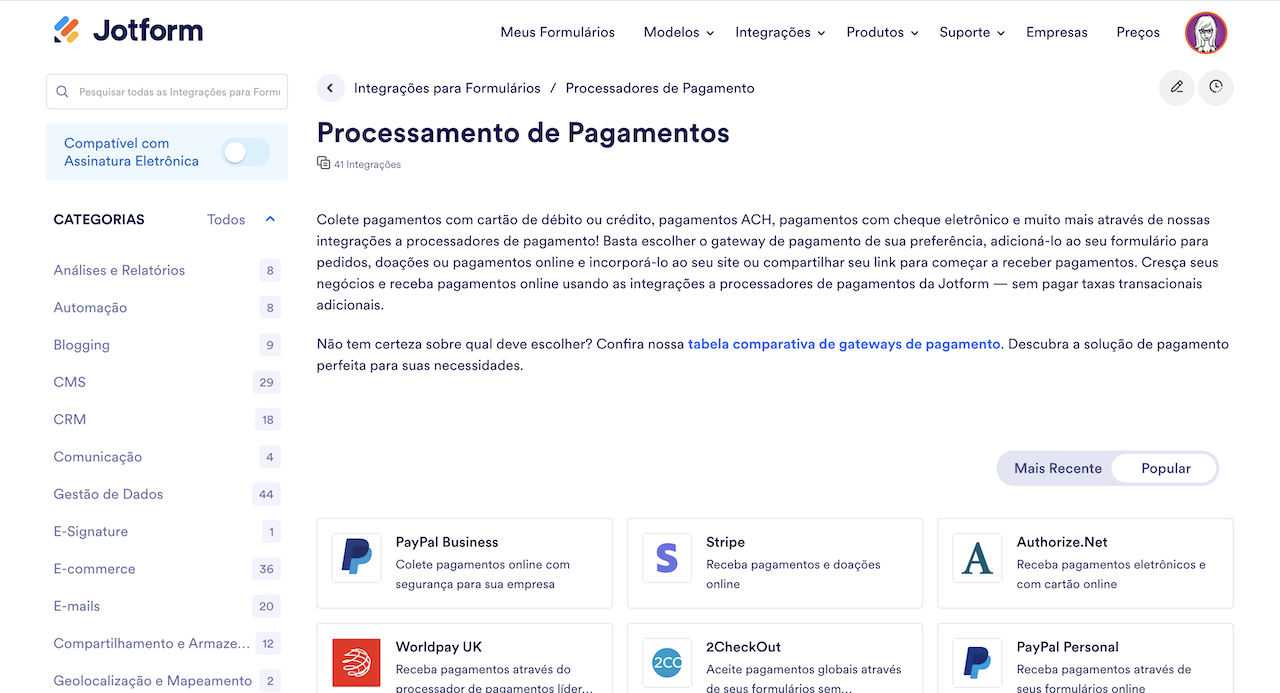 Captura de ecrã das integrações do processador de pagamentos