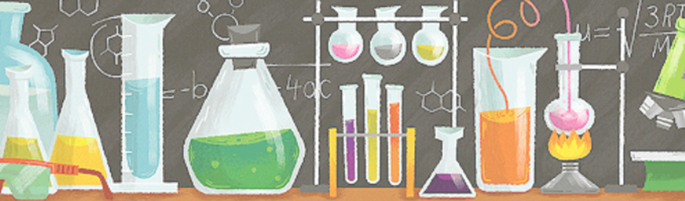 Illustration colorée de divers équipements de laboratoire et d'expériences chimiques sur un tableau noir avec des gribouillis scientifiques