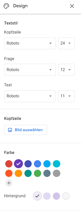 Ein Design-Menü für eine Google Formulare-Bewerbung