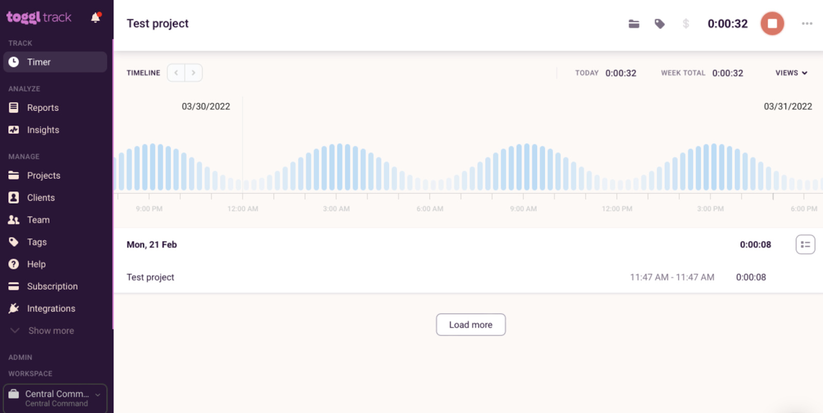 user interface of toggl track