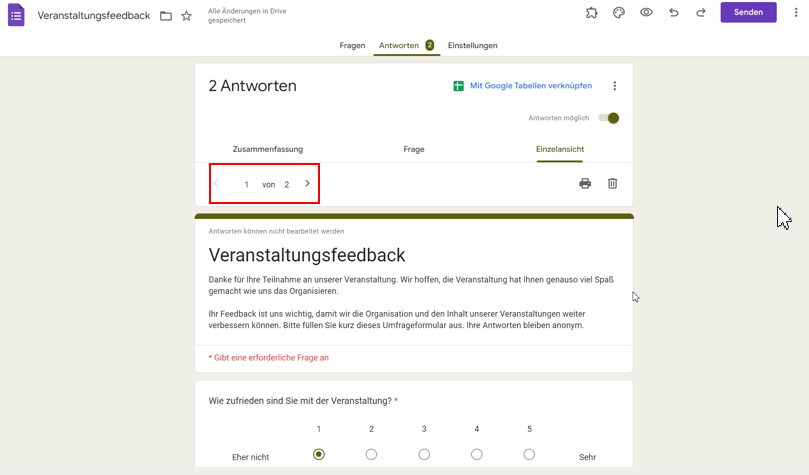 Auf die Pfeilschaltflächen klicken, um durch die Antworten zu blättern