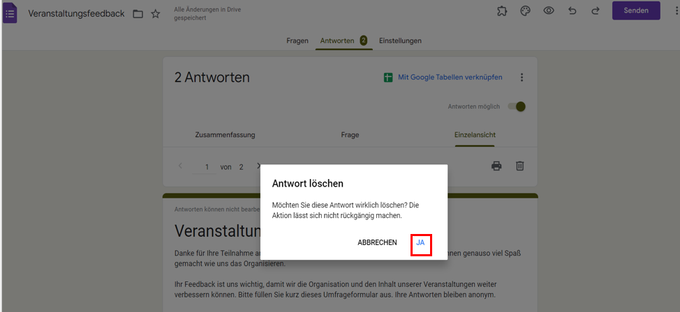 Auf den Button "Ja" in der Registerkarte Antwort löschen klicken