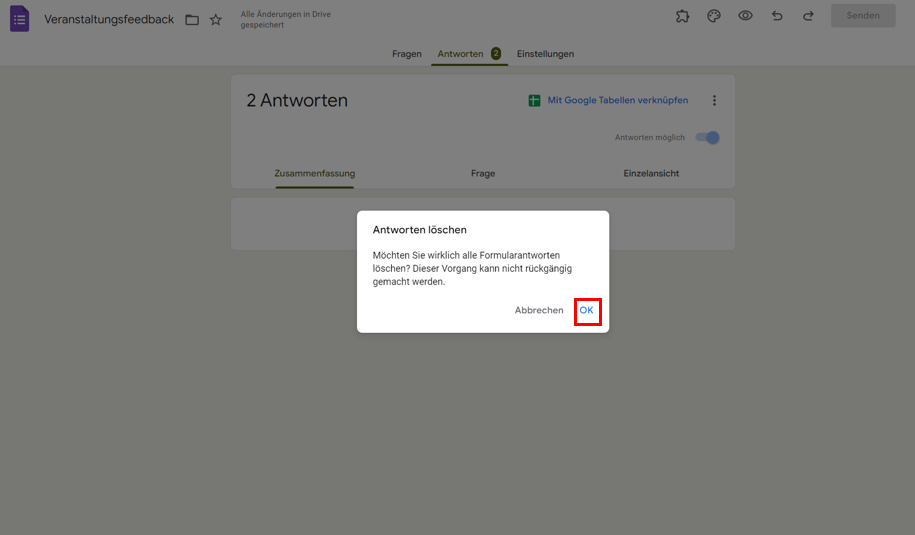 Auf OK klicken, um alle Antworten zu löschen