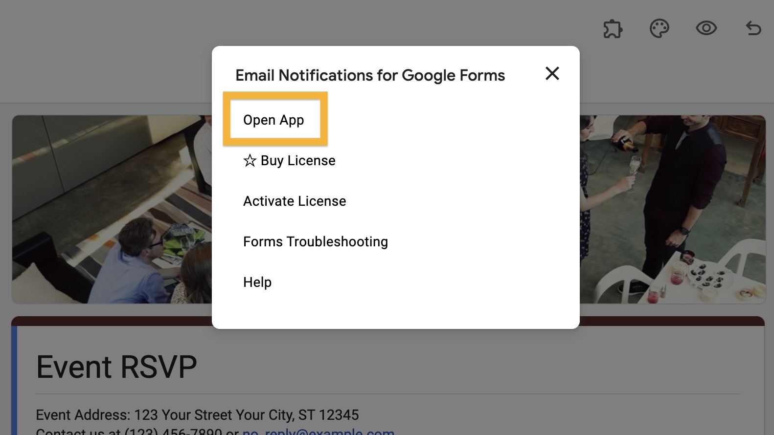 Tangkapan layar yang menunjukkan formulir RSVP di Google Forms