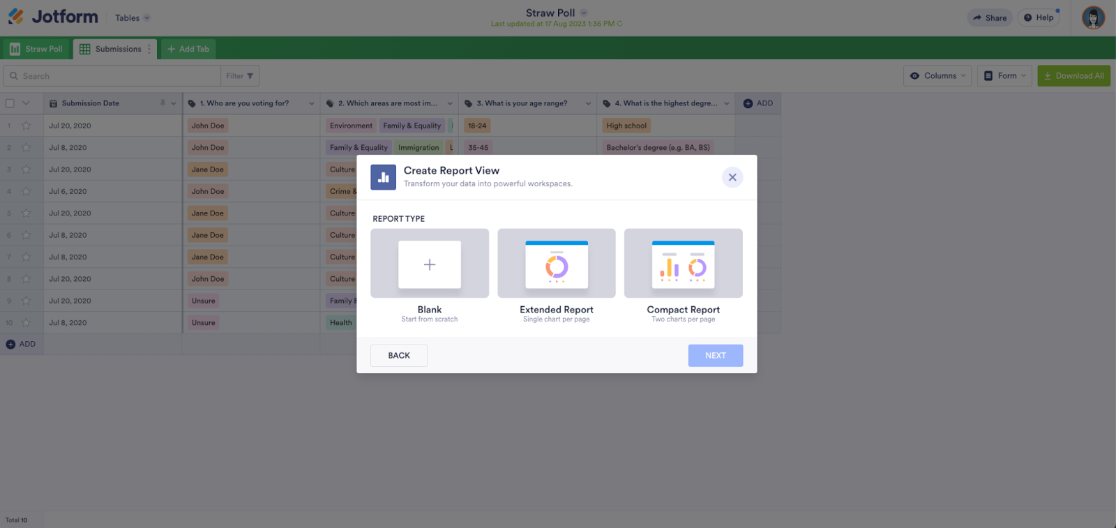 Selecting the Report Type in the Create Report View Window