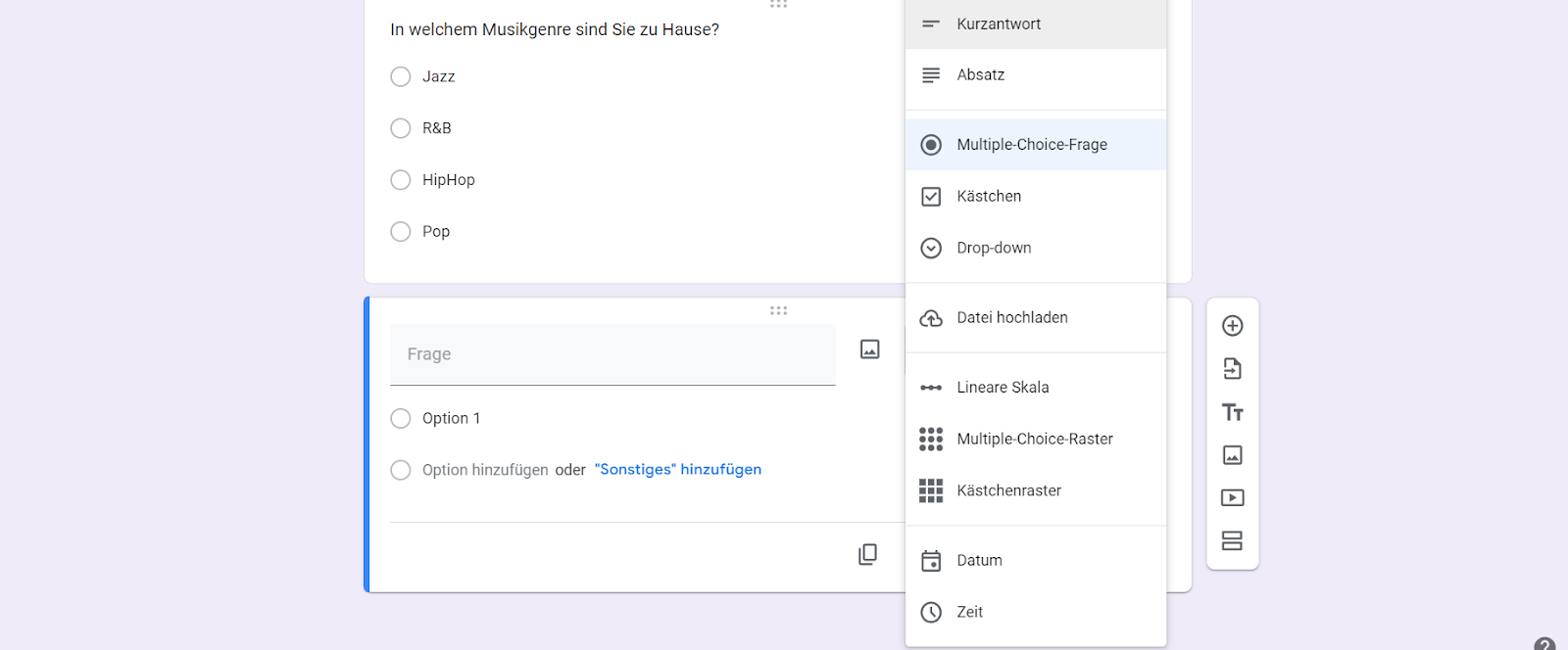 Umfrage-Oberfläche mit einer Multiple-Choice-Frage nach dem bevorzugten Musikgenre und verschiedenen Optionen für den Fragetyp an der Seite