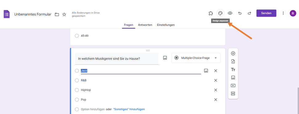 Online-Formular-Editor mit Fragen zum Altersbereich und zum bevorzugten Musikgenre mit Optionen zur Themenanpassung