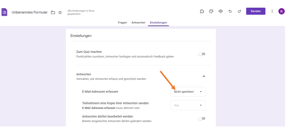 Das Menü für die Formulareinstellungen zeigt Optionen für den Quizmodus, die Erfassung von Antworten und die Erdassung von E-Mail-Adressen mit Einstellungsschaltern