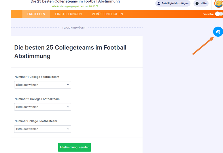 Online-Formular-Editor für eine Die beste 25 Collegeteams im Football Abstimmung' mit Optionen zum Hinzufügen eines Logos und einer Vorschau des Formulars