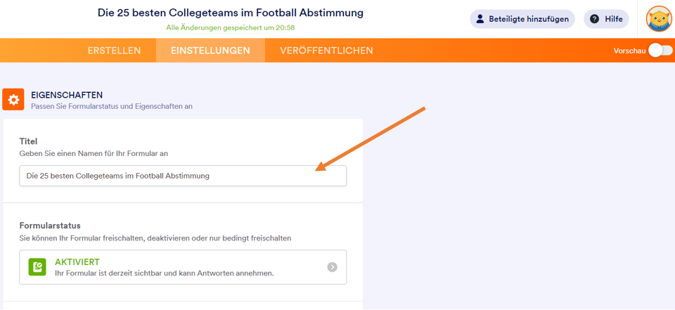 Registerkarte "Einstellungen" in einem Formulargenerator, die das Titelfeld für "Die 25 besten Collegeteams im Football Abstimmungl" und die Formularstatus-Option anzeigt