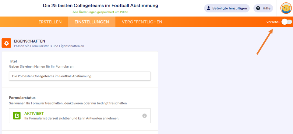 Die Benutzeroberfläche des Formulargenerators konzentriert sich auf den Button Vorschau zur Überprüfung des Formulars `Die besten Collegeteams im Football Abstimmung'