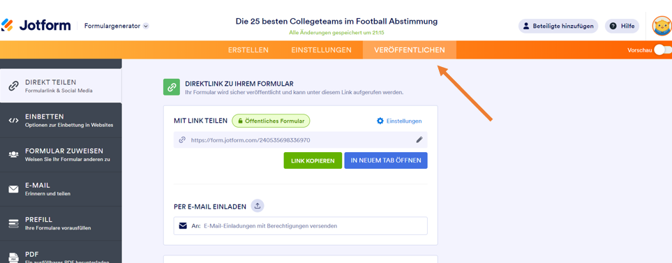 Jotform Veröffentlichungsoptionen mit einem direkten Link zum Teilen des Formulars 'Die besten 25 besten Collegeteam im Football Abstimmung'