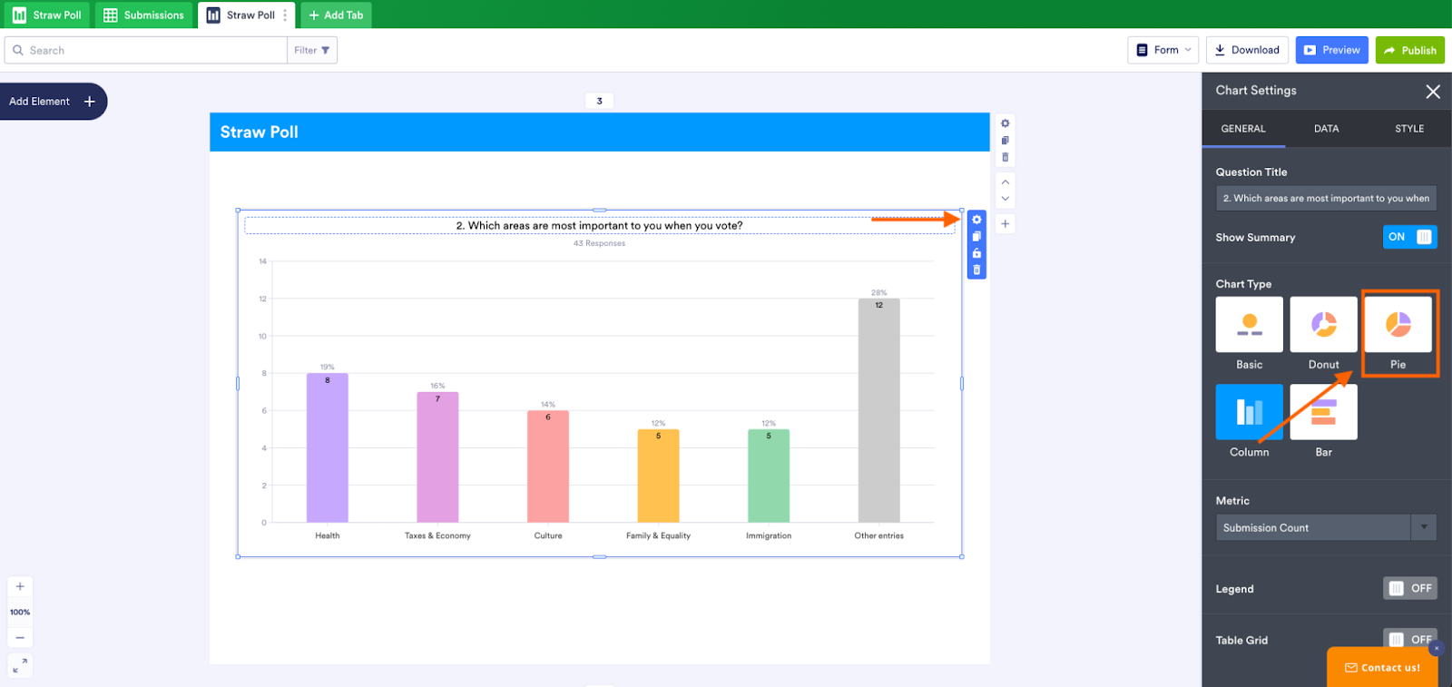 Select Pie Chart from the Chart Types Under the Chart Settings