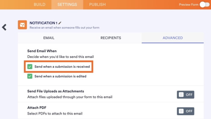 Tangkapan layar menu pengaturan email notifikasi Jotform