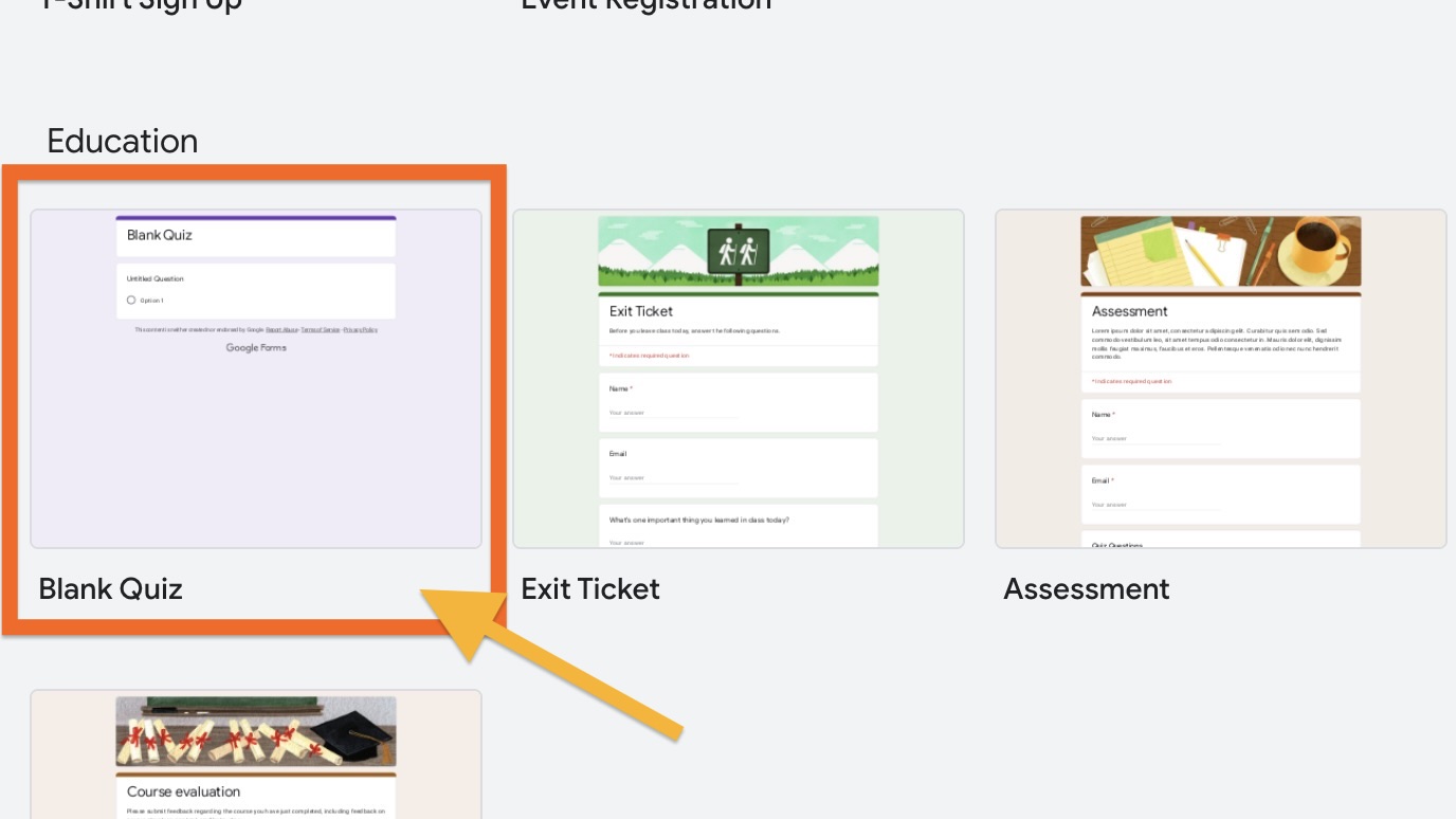 Tangkapan layar yang menunjukkan opsi template pendidikan di Google Forms