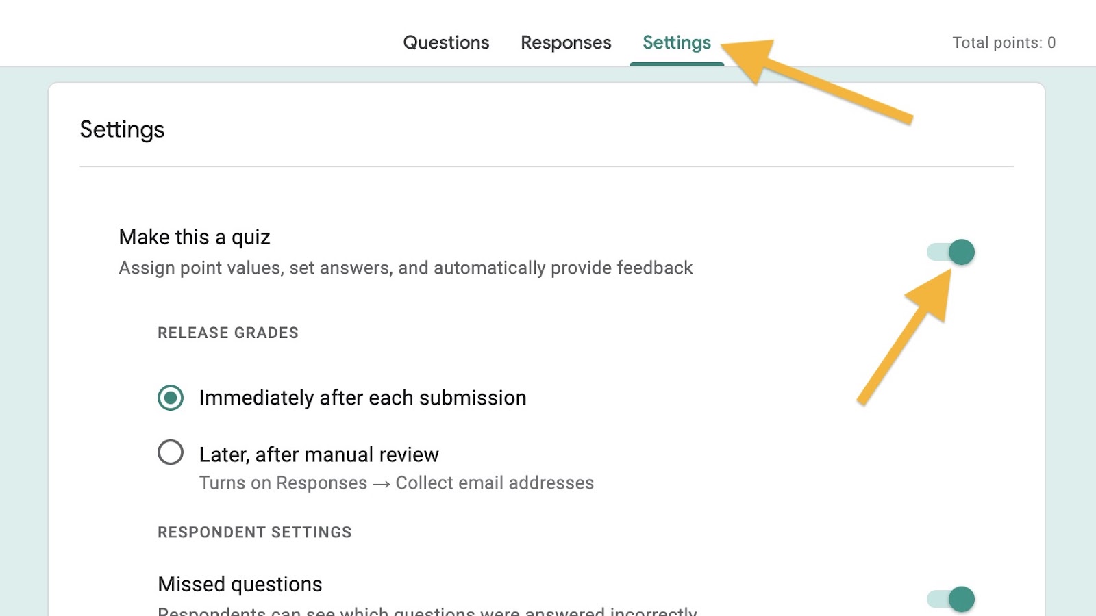 Tangkapan layar yang menunjukkan menu pengaturan di Google Form