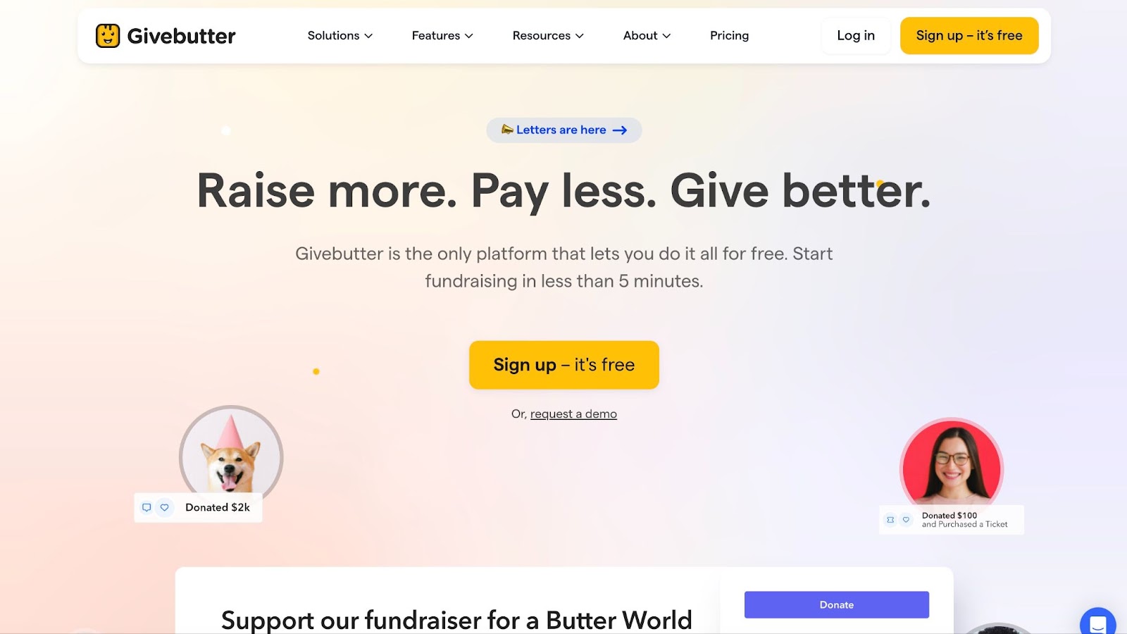 landing page of givebutter