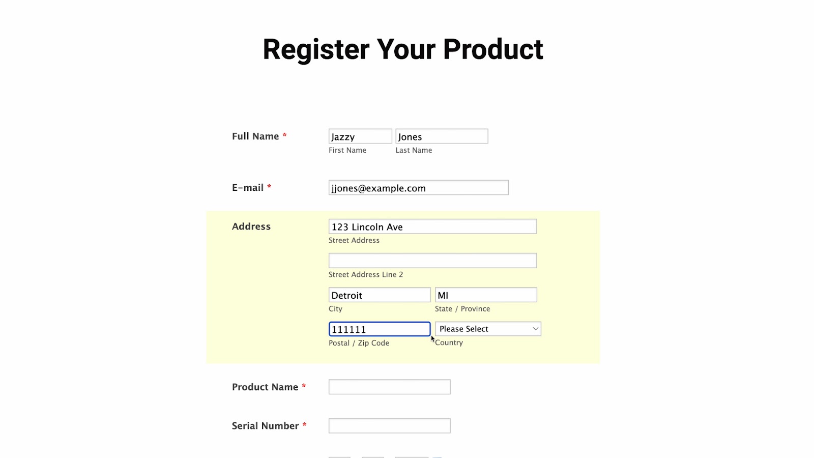 Screenshot of Red Panda's Register Your Product form in Jotform Form Builder