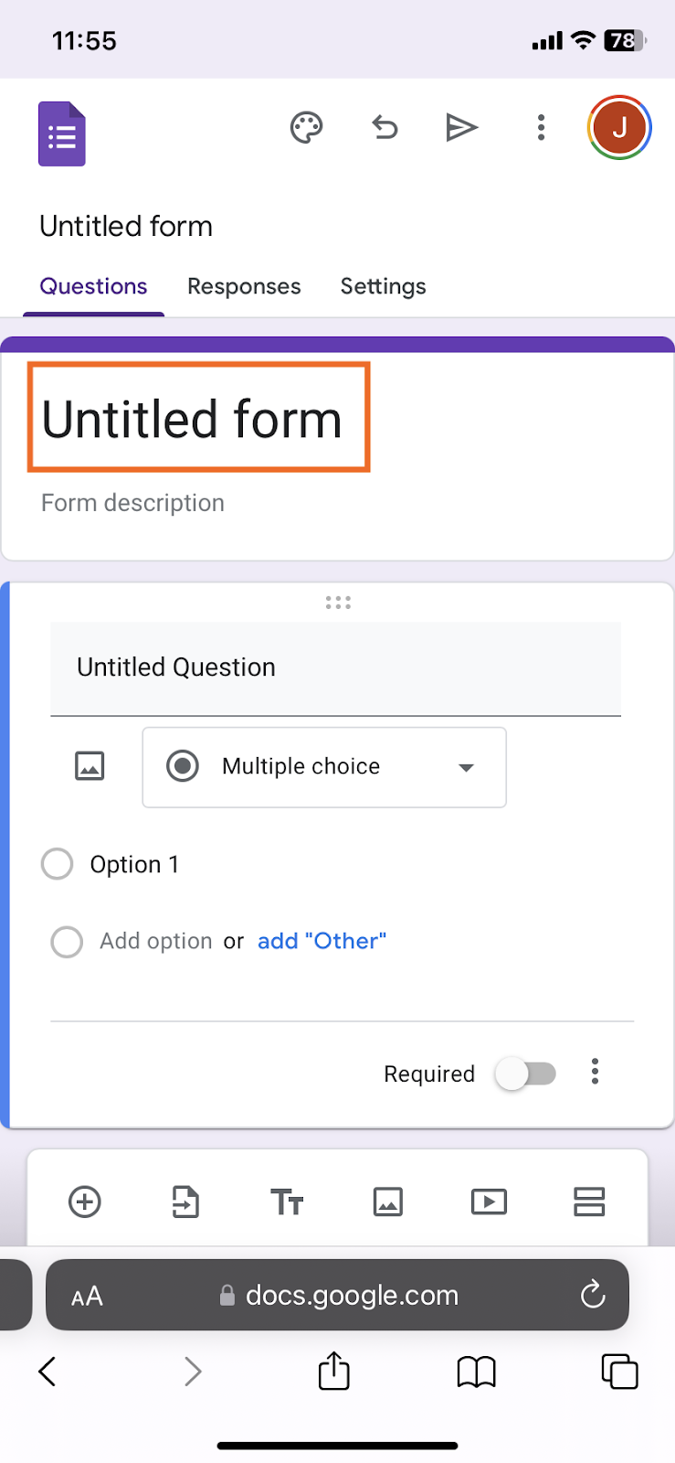 A screenshot of an untitled Google Form being edited on a mobile device, showing options for a multiple-choice question