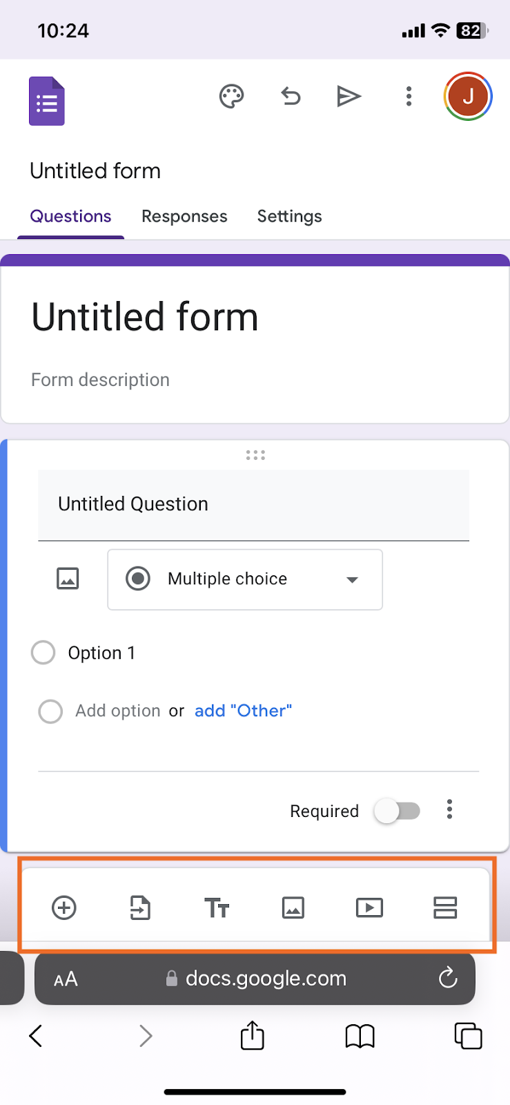 A mobile screen capture of an untitled and undescribed Google Form in the process of being created, with interface elements visible