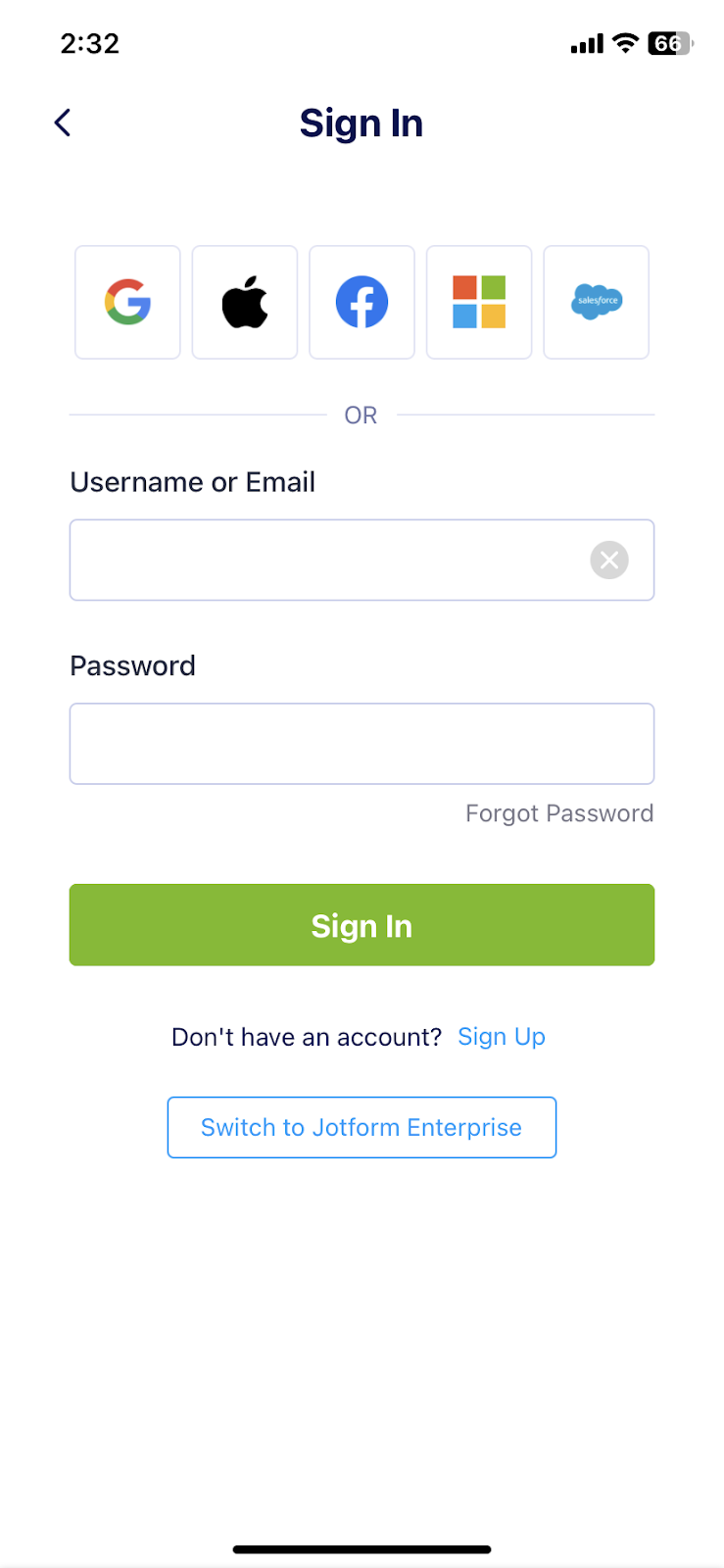 A mobile screen capture of a sign-in page offering multiple sign-in options and fields for username or email and password