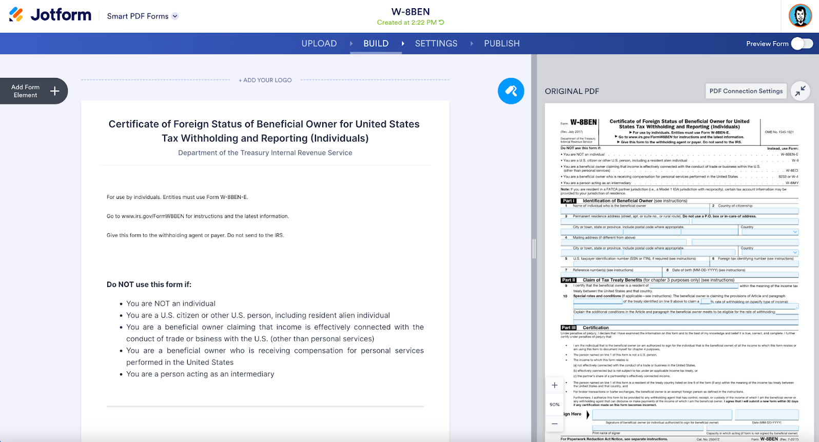 Screenshot of W-8BEN Form opened in Jotform Smart PDF Forms