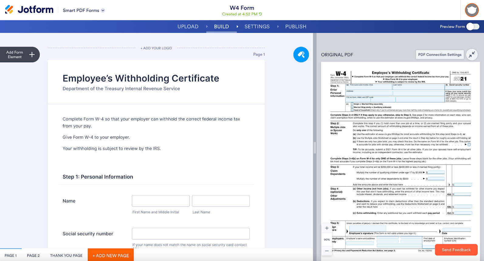 Screenshot of W-4 Form opened in Jotform Smart PDF Forms