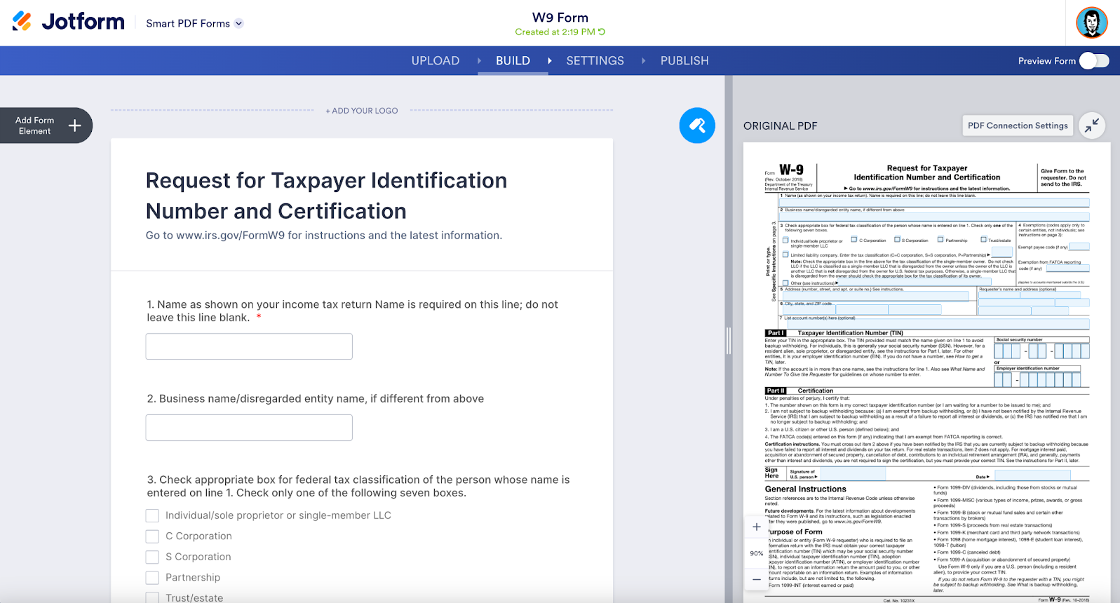 Screenshot of W-9 Form opened in Jotform Smart PDF Forms