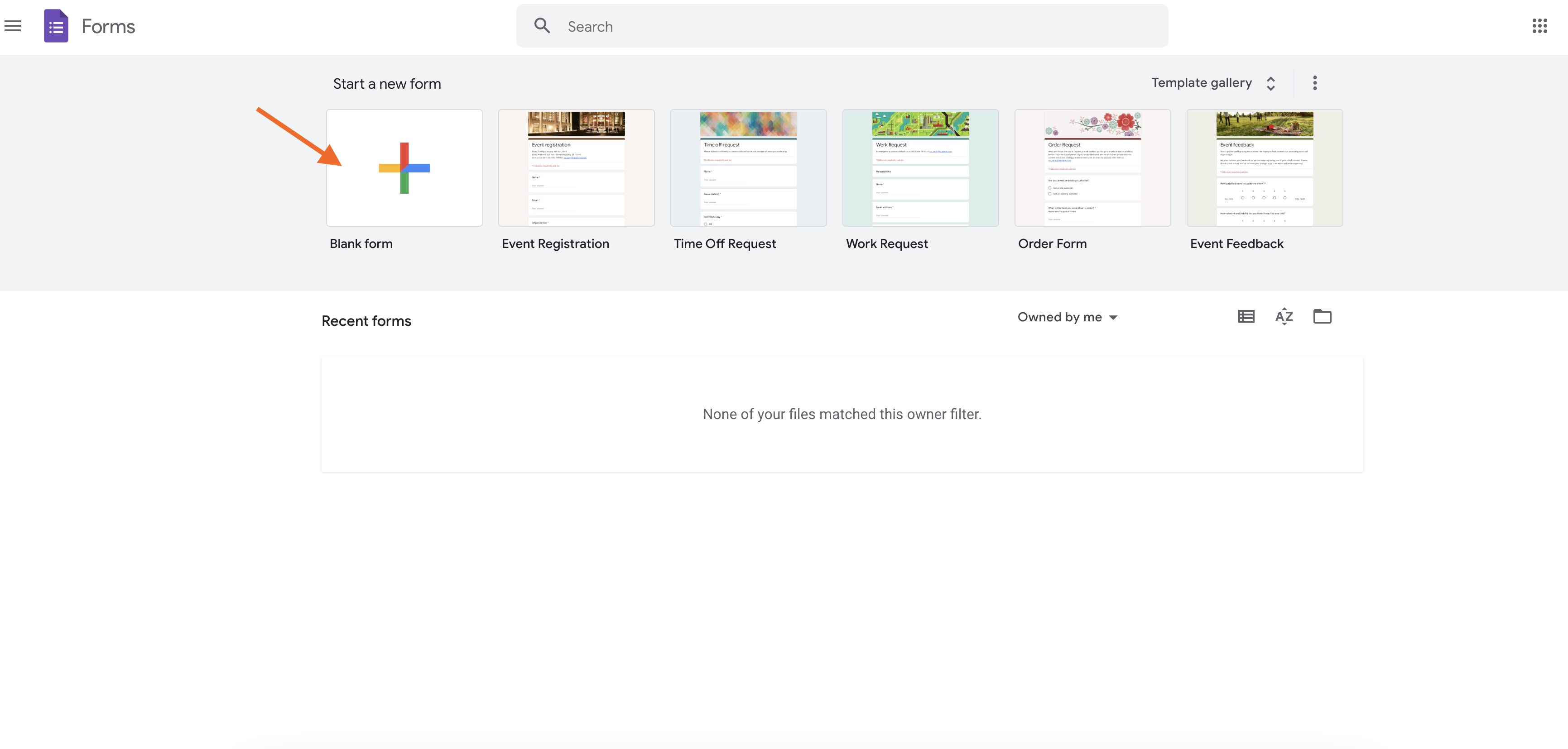 Tangkapan layar dari halaman utama Google Forms yang menampilkan opsi "Kosong" di bawah menu "Mulai formulir baru"