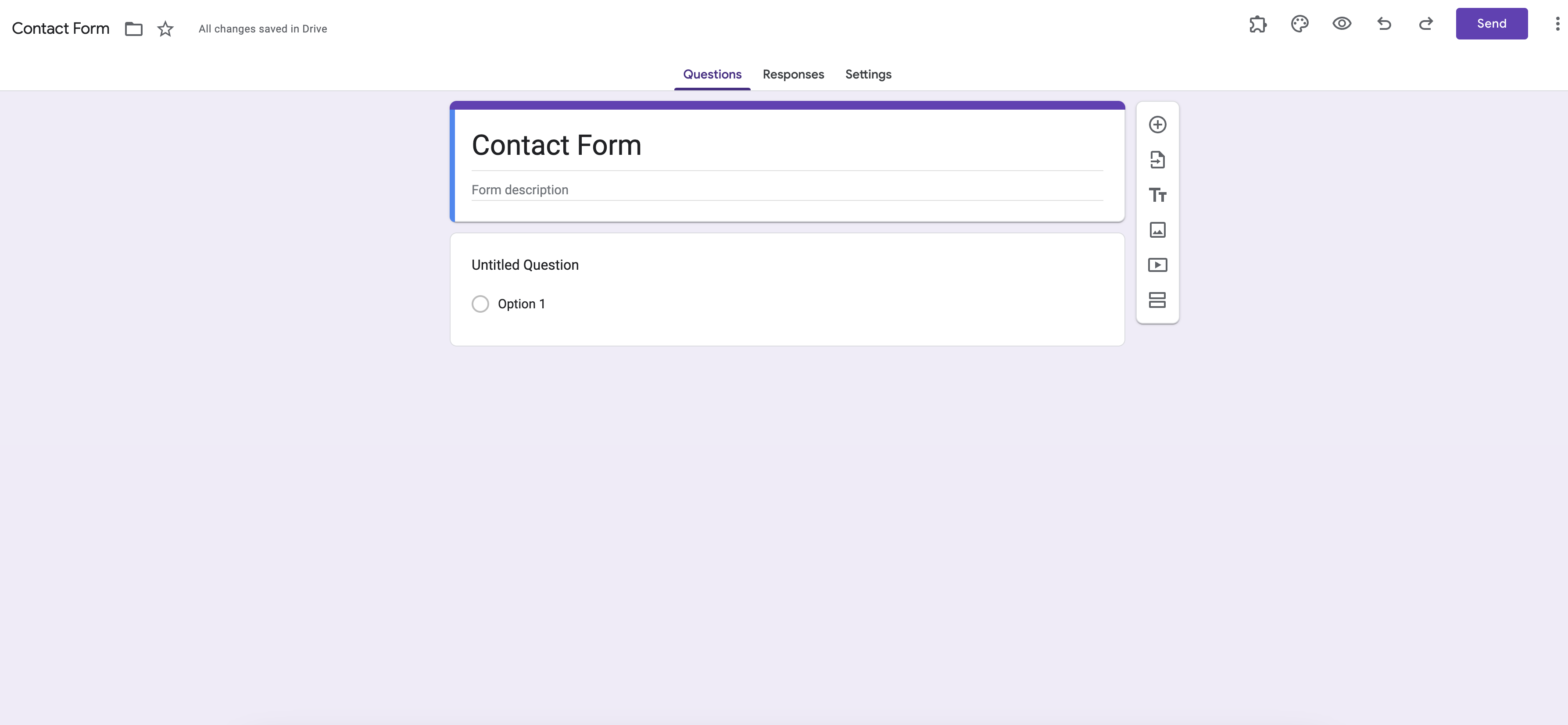 Tangkapan layar Formulir Google dengan judul "Formulir Kontak" dan pertanyaan formulir kosong berjudul "Pertanyaan Tanpa Judul"