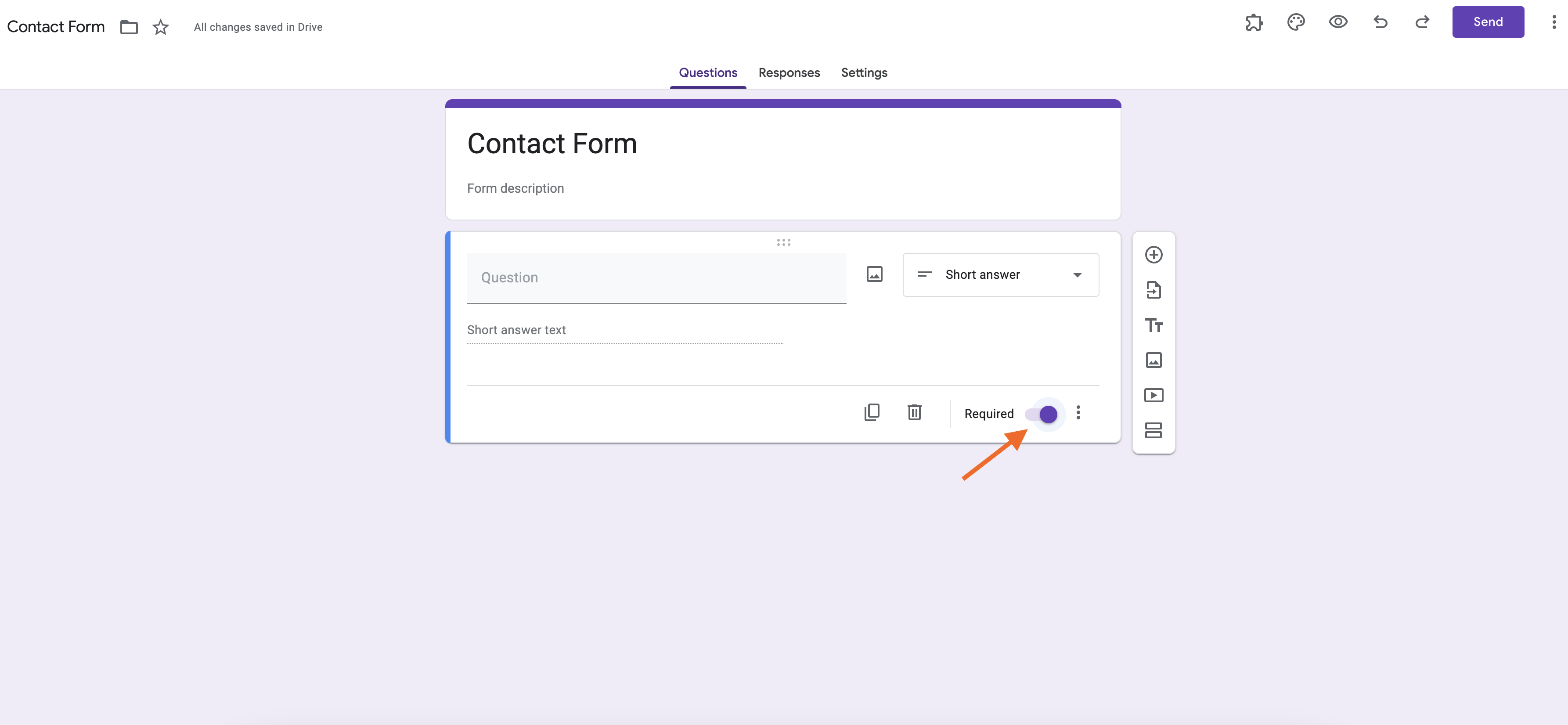Tangkapan layar pertanyaan Formulir Google dengan sakelar toggle "wajib" diaktifkan