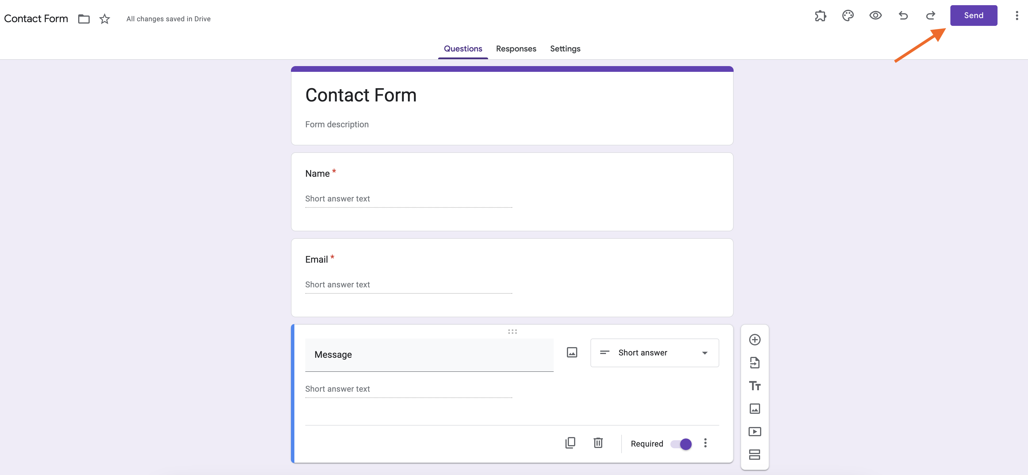 Tangkapan layar menu atas Formulir Google, termasuk tombol "Kirim" berwarna ungu di paling kanan