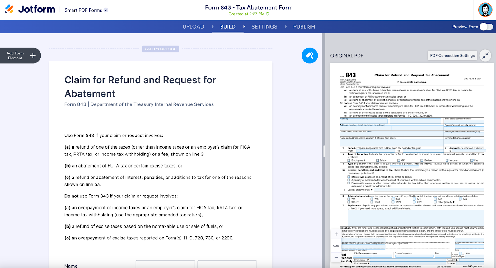 Screenshot of Form 843 opened in Jotform Smart PDF Forms