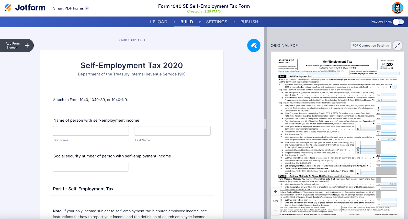 Screenshot of Schedule SE (Form 1040) opened in Jotform Smart PDF Forms
