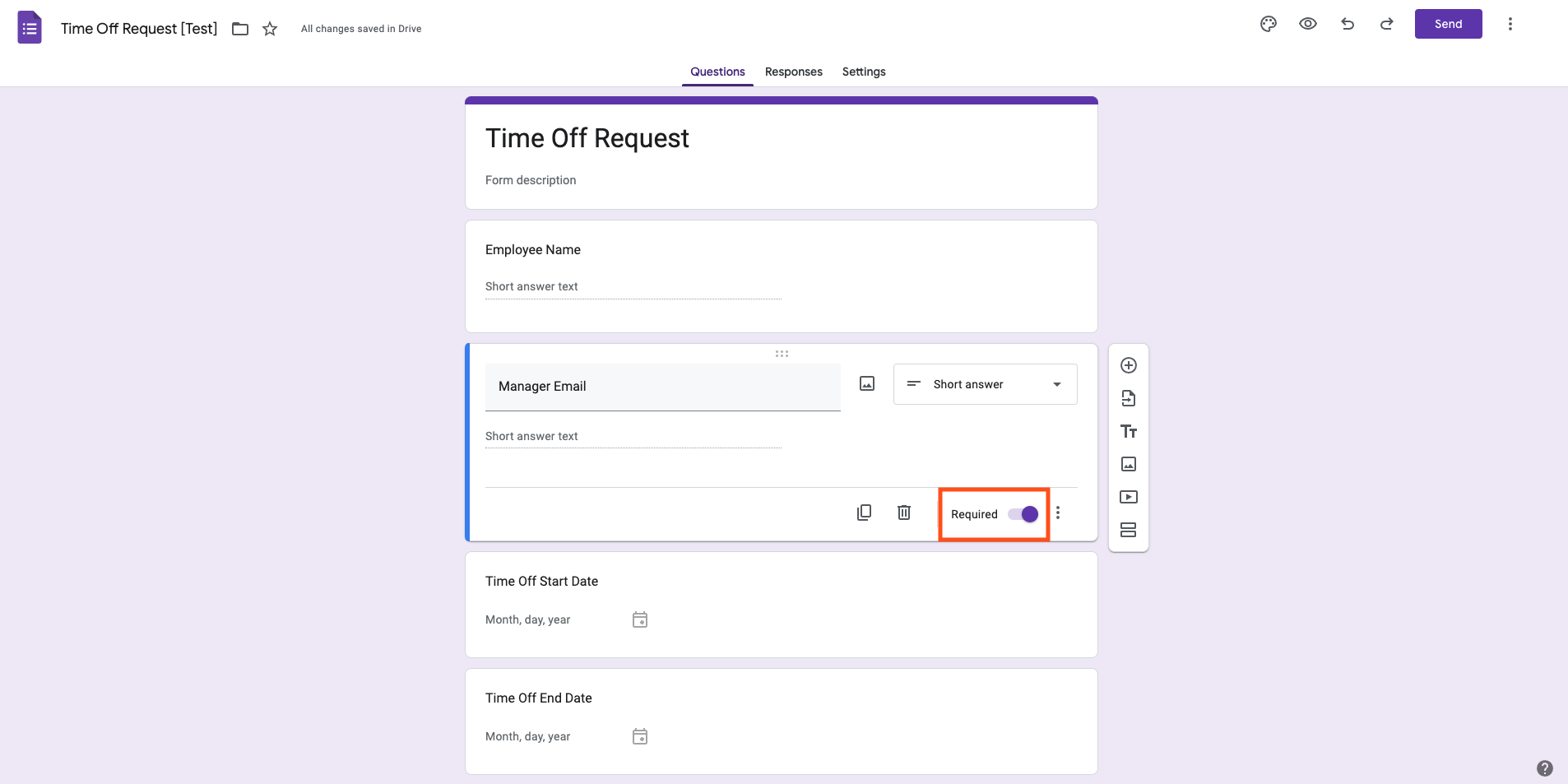 A screenshot of a Google Form time-off request form, featuring fields for the employee’s name, requested dates, and more, toggling on the Required button