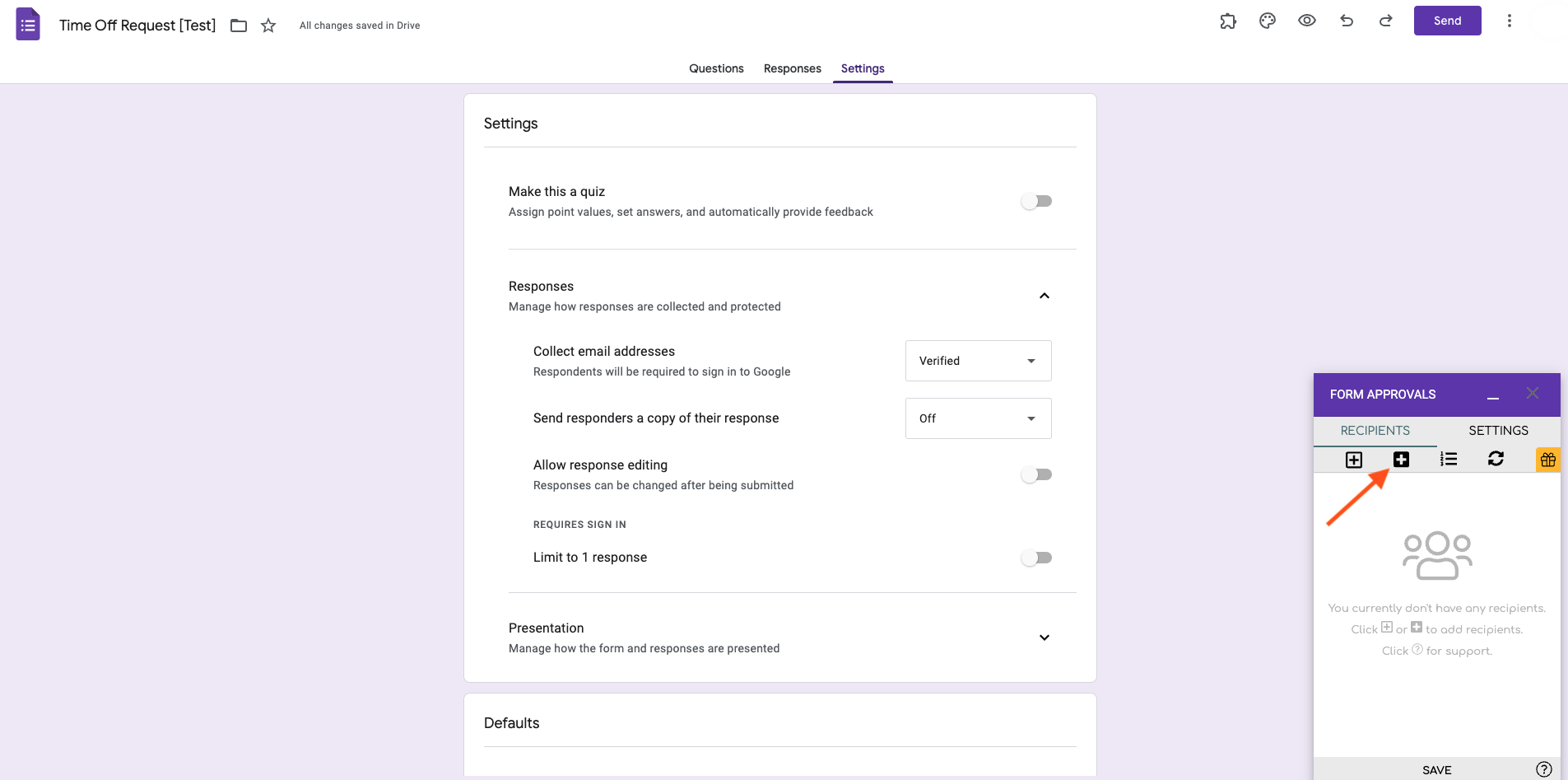 Screenshot of the Settings menu of Google Forms, with the Form Approvals window on the bottom right, clicking on the shaded plus-sign icon