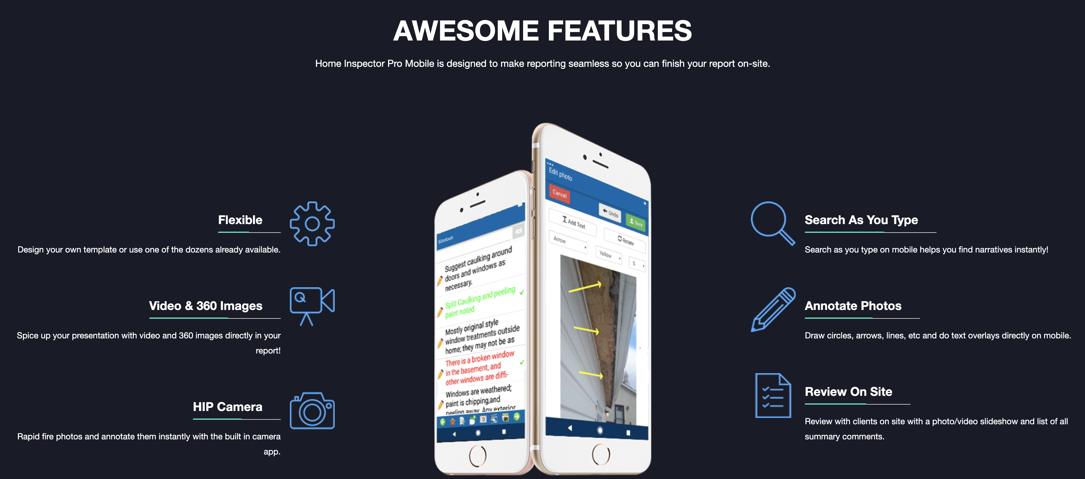 Features of Home Inspector Pro with the applications user interface displayed on a phone