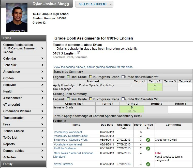 User Interface of Infinite Campus