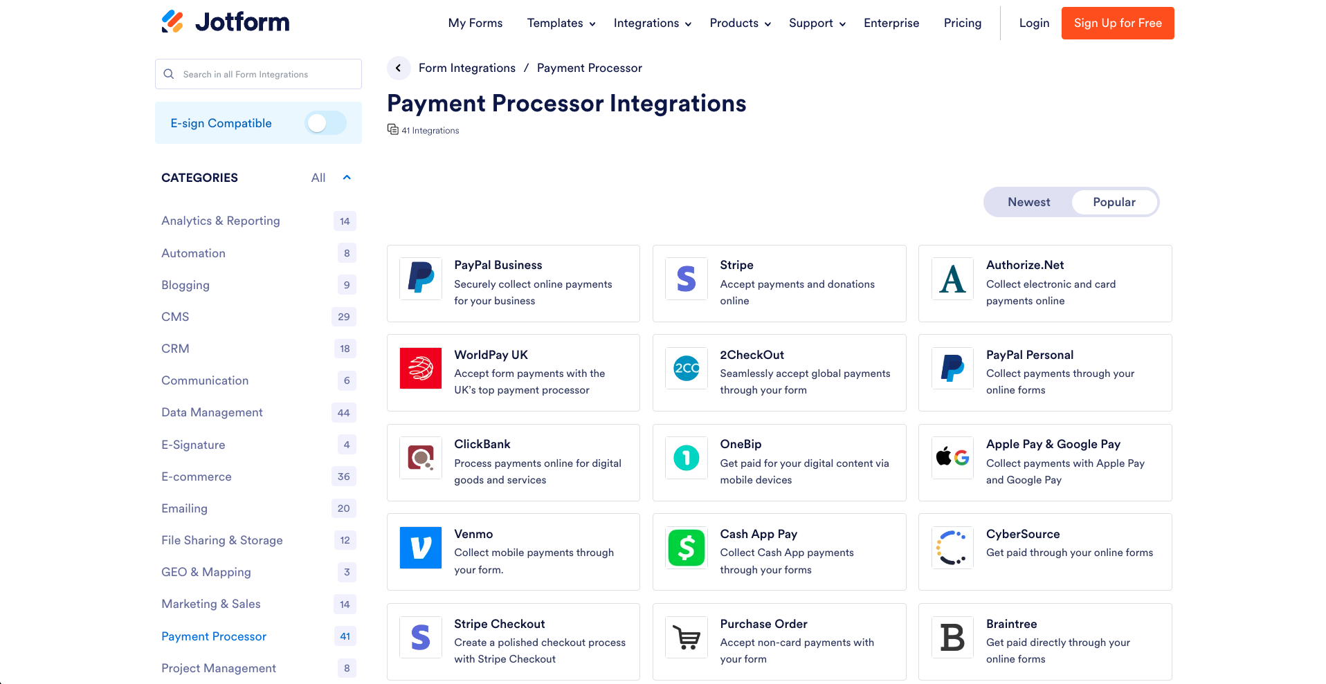 Screenshot of Payment Processor Integrations
