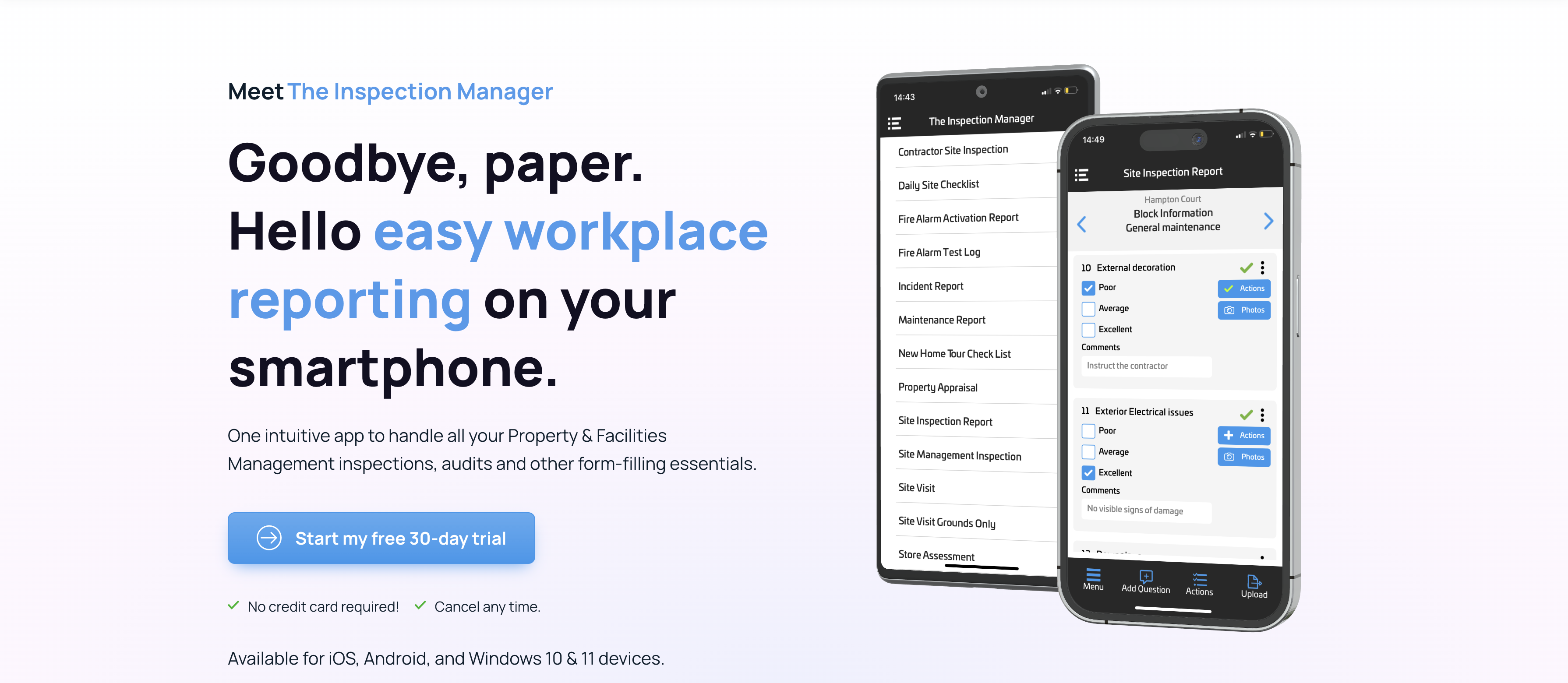 The Inspection Manager landing page