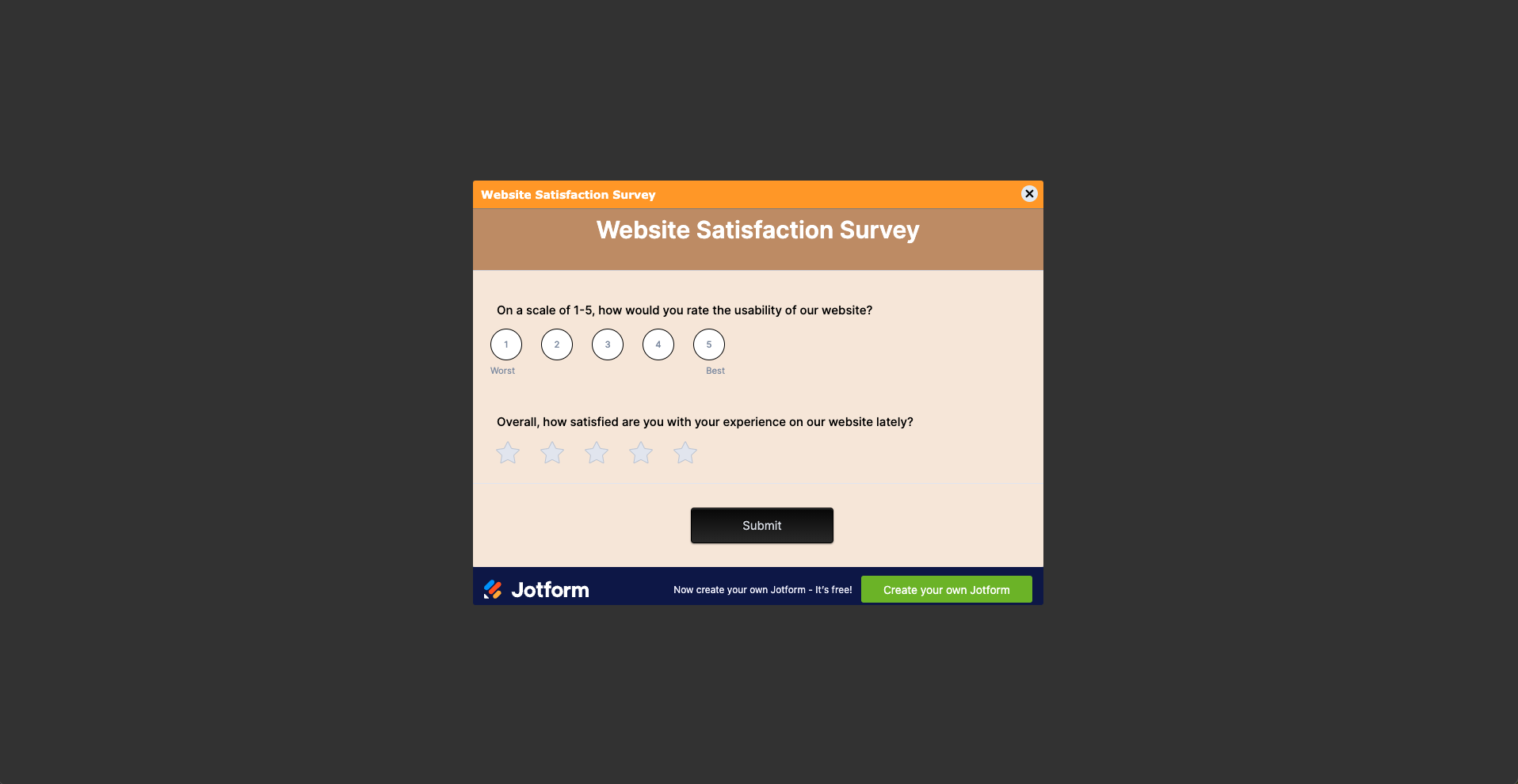 ポップアップ機能を使用してウェブサイトに埋め込まれたウェブサイト満足度調査のスクリーンショット