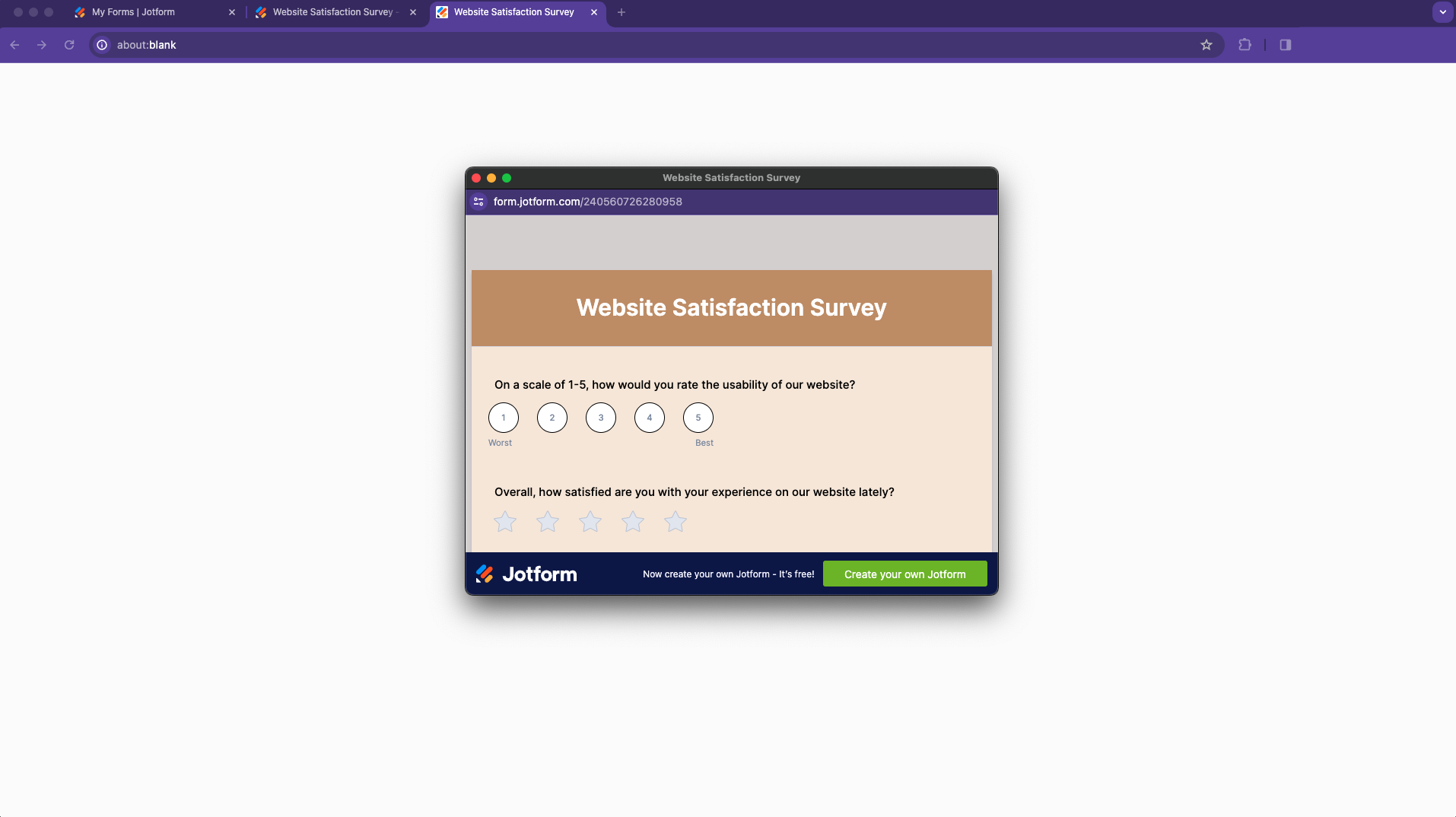 ポップアップのプレビューオプションが選択された場合のウェブサイト満足度調査のスクリーンショット