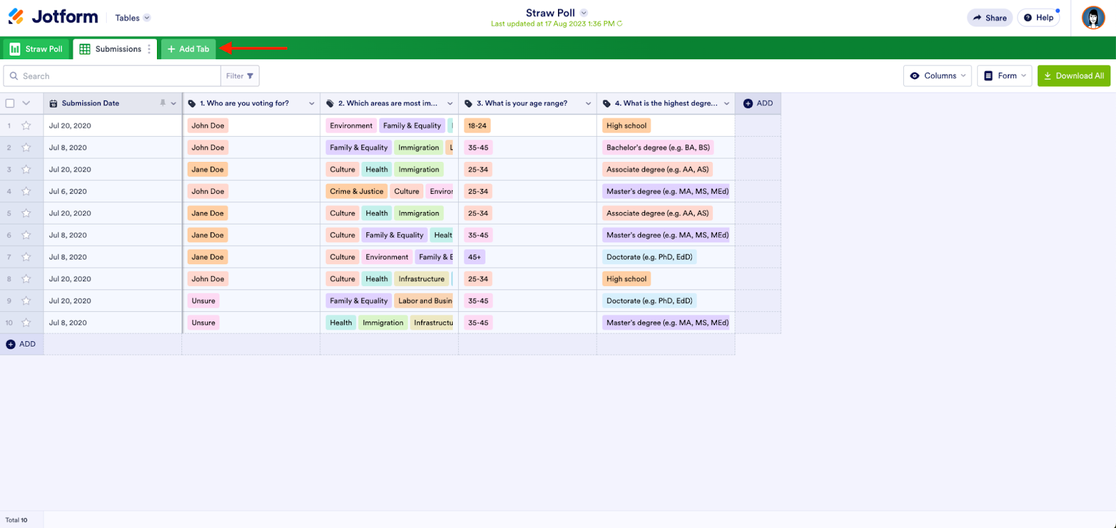 Clicking on the Add Tab Button on Jotform Tables