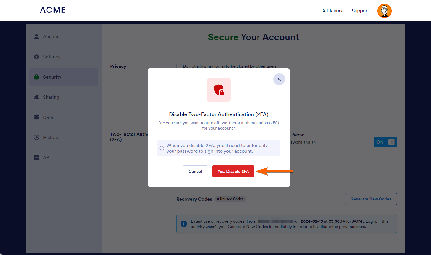 Ja, 2FA deaktivieren Button, um die Zwei-Faktor-Authentifizierung in Jotform Enterprise endgültig zu deaktivieren