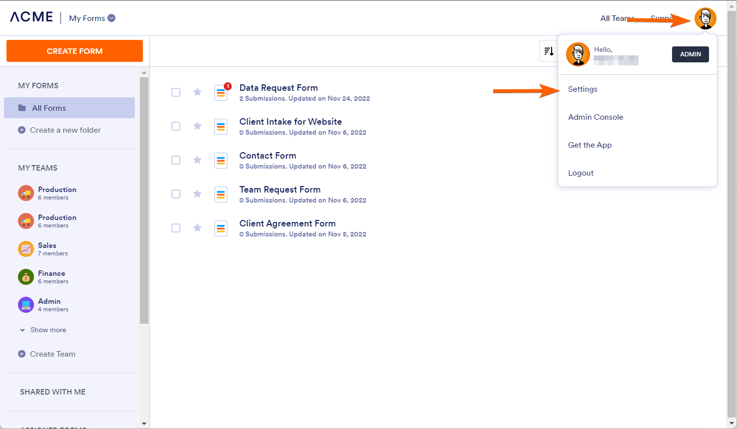 Jotform Enterprise Profile Menu