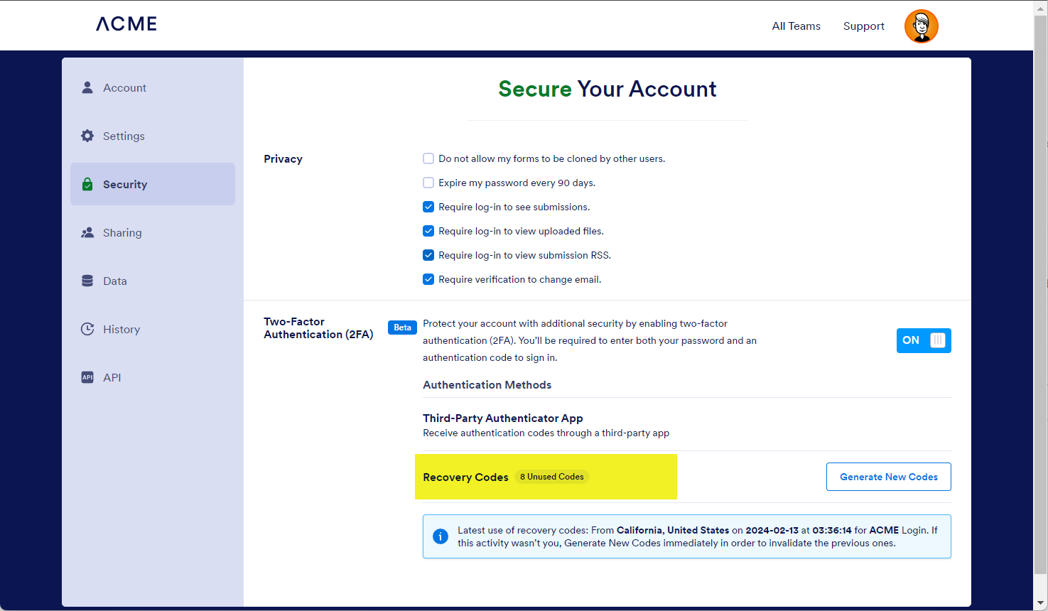 Total number of recover codes in Enterprise Jotform account 
